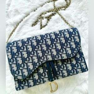 ❌SOLD❌CHRISTIAN DIOR Blue Oblique Saddle Pouch Clutch Wallet w/Detachable Chain